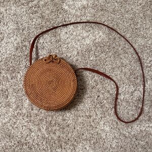 Round Woven Tan Crossbody Bag